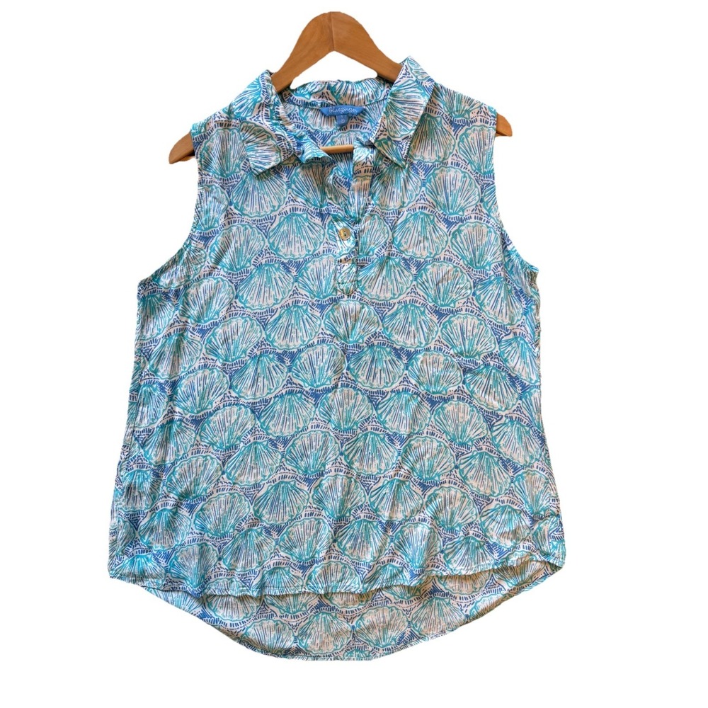 Blue Ginger  Sleeveless Blouse Shirt with Collar, blue seashell pattern, Large